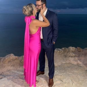 MISHA Evianna Satin Gown in Hot Pink